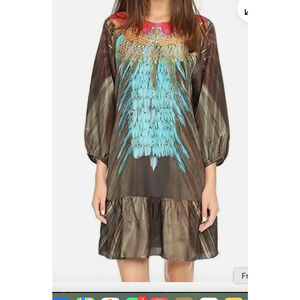 Figue Edie 100% Silk Printed Satin Mini Dress Elastic Cuff Sleeve Womens Small
